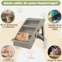 Haustiertreppe mit 4 Stufen Tragbare Kletterleiter Sichere Hunderampe 62,5 x 38 x 49 cm Grau