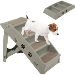 Haustiertreppe mit 4 Stufen Tragbare Kletterleiter Sichere Hunderampe 62,5 x 38 x 49 cm Grau