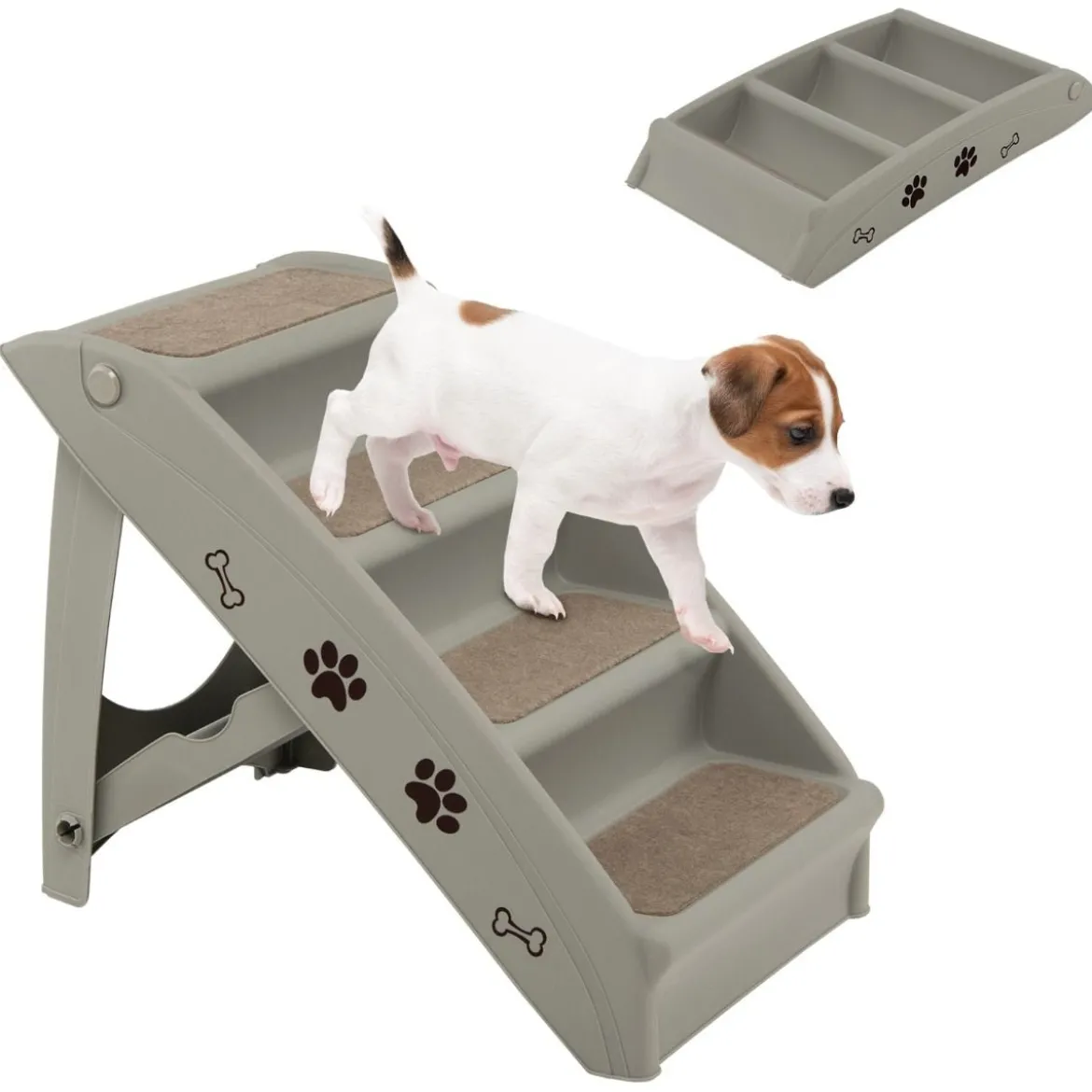 Haustiertreppe mit 4 Stufen Tragbare Kletterleiter Sichere Hunderampe 62,5 x 38 x 49 cm Grau