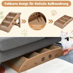 Haustiertreppe mit 4 Stufen Tragbare Kletterleiter Sichere Hunderampe 62,5 x 38 x 49 cm Braun