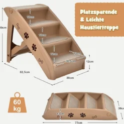 Haustiertreppe mit 4 Stufen Tragbare Kletterleiter Sichere Hunderampe 62,5 x 38 x 49 cm Braun