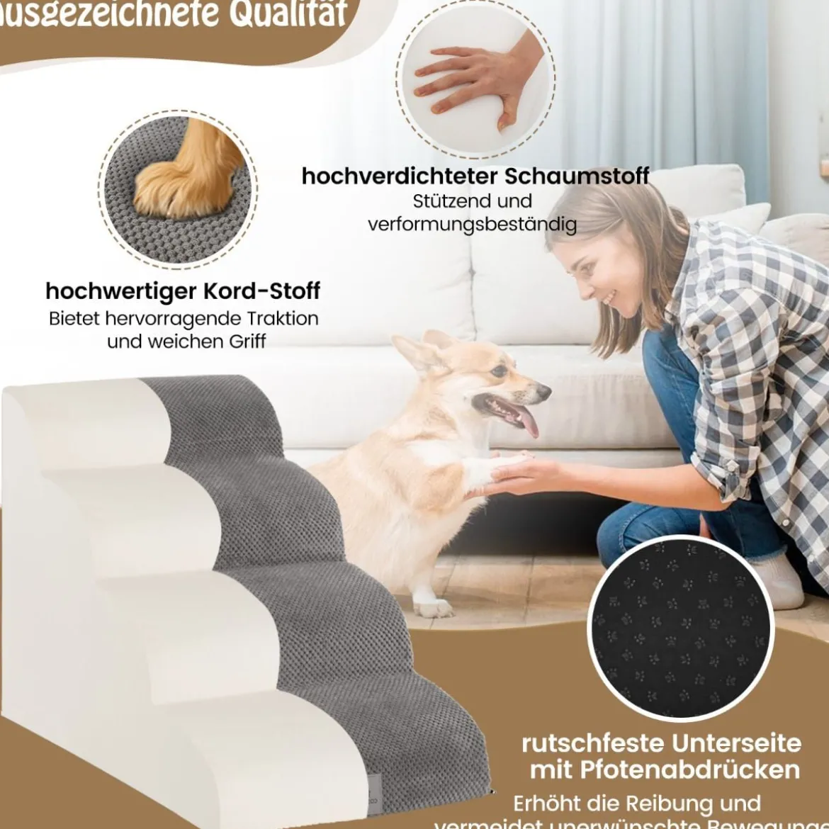 Haustiertreppe Rutschfeste 4-Stöckige Hunderampe aus Schaumstoff 72 x 41 x 51 cm Grau