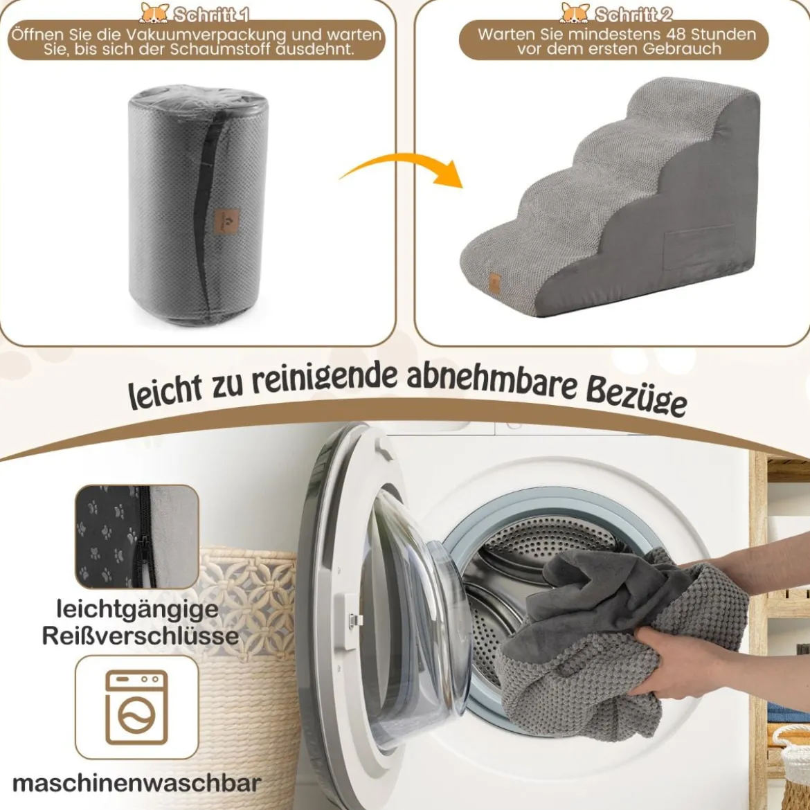 Haustiertreppe Rutschfeste 4-Stöckige Hunderampe aus Schaumstoff 72 x 41 x 51 cm Grau