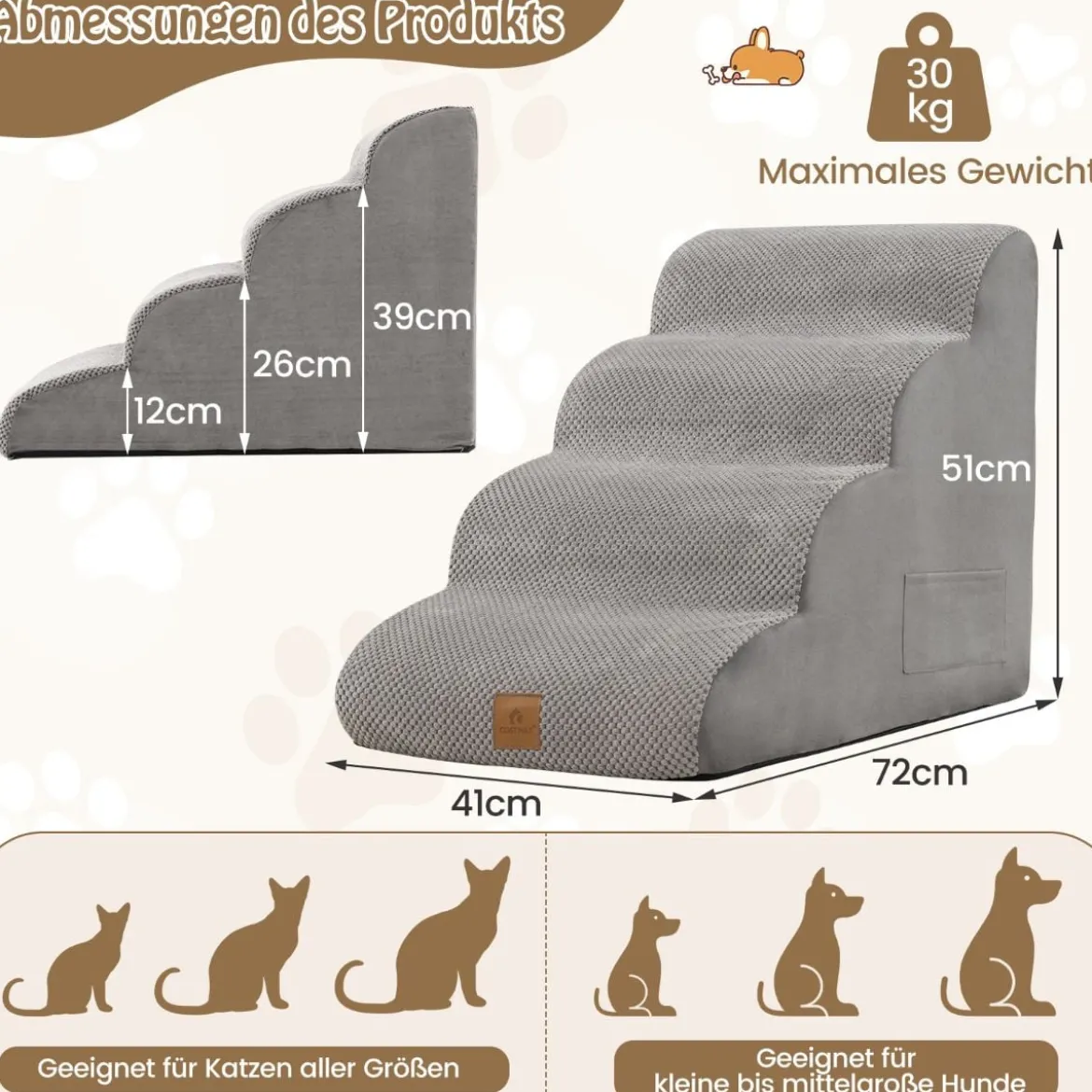 Haustiertreppe Rutschfeste 4-Stöckige Hunderampe aus Schaumstoff 72 x 41 x 51 cm Grau
