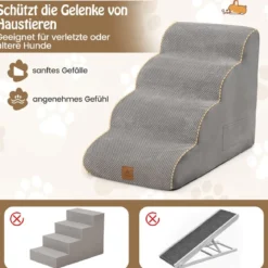 Haustiertreppe Rutschfeste 4-Stöckige Hunderampe aus Schaumstoff 72 x 41 x 51 cm Grau