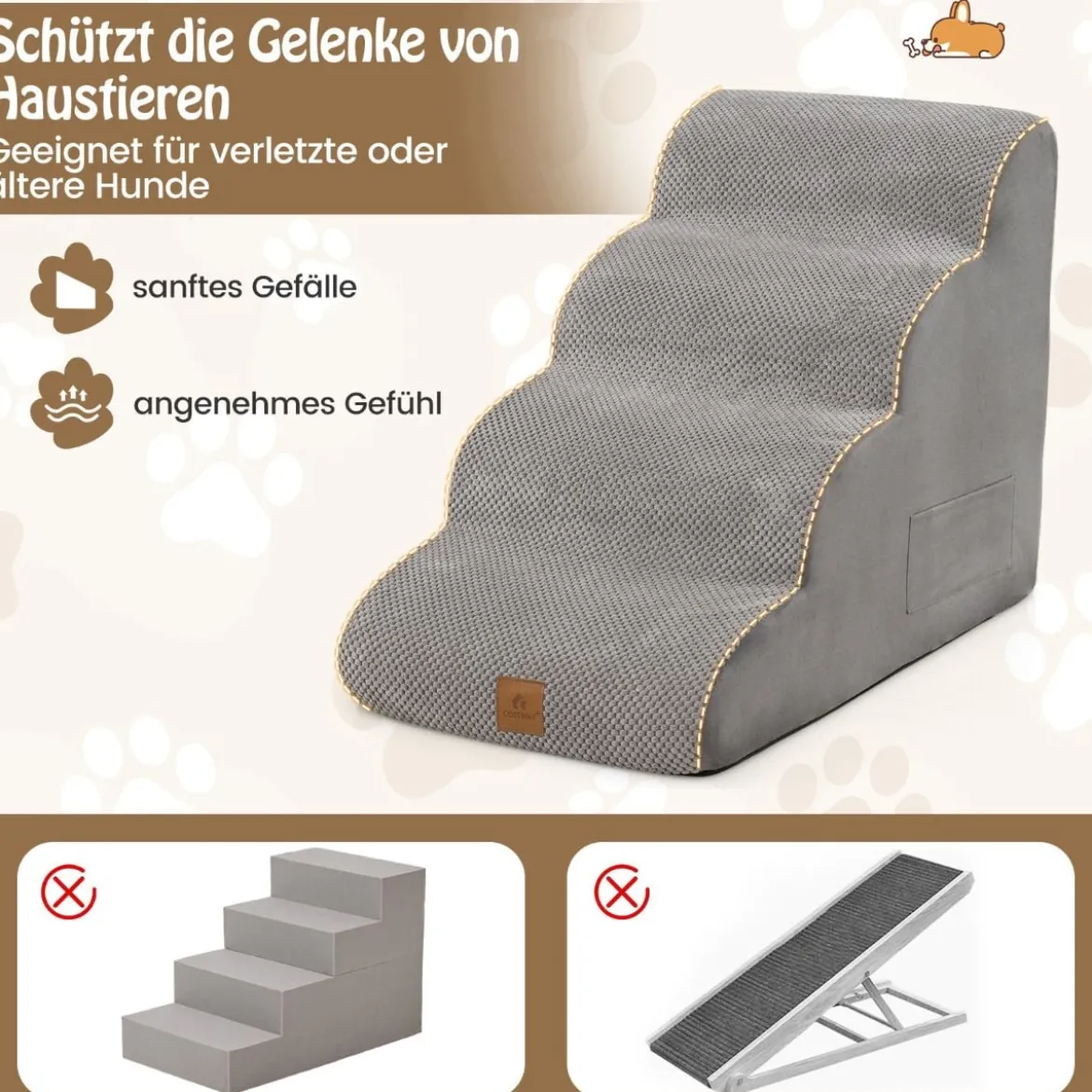 Haustiertreppe Rutschfeste 4-Stöckige Hunderampe aus Schaumstoff 72 x 41 x 51 cm Grau