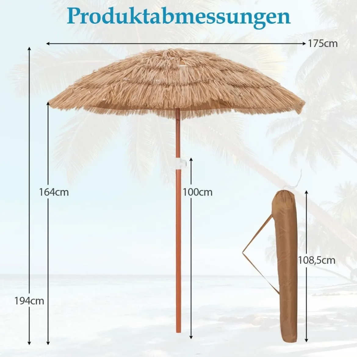 Hawaiianischer Strandschirm mit Tragetasche + Sonnenschirmständer 22 Liter / 25 kg Set