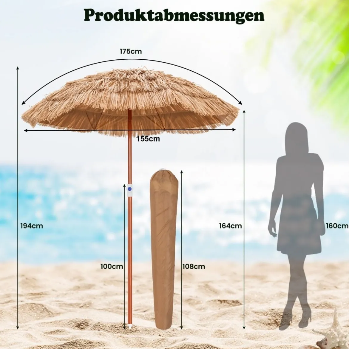 Hawaiianischer Strandschirm mit Tragetasche & Neigbarem Design Tischschirm 175 cm