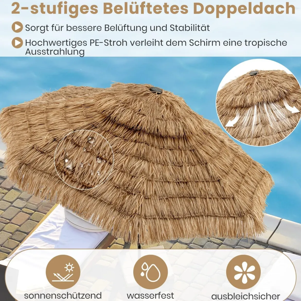 Hawaii Sonnenschirm 300 cm mit 32 LED Beleuchtung Reisstroh Strandschirm mit Neigungsfunktion