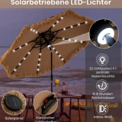 Hawaii Sonnenschirm 300 cm mit 32 LED Beleuchtung Reisstroh Strandschirm mit Neigungsfunktion