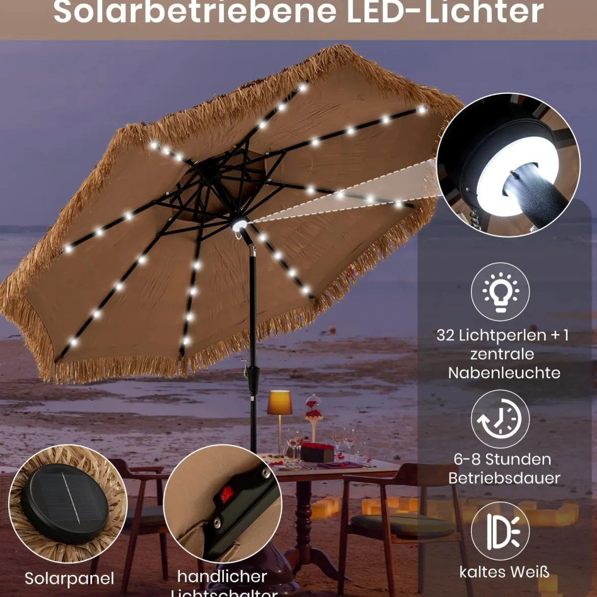 Hawaii Sonnenschirm 300 cm mit 32 LED Beleuchtung Reisstroh Strandschirm mit Neigungsfunktion