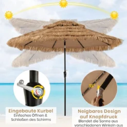 Hawaii Sonnenschirm 300 cm mit 32 LED Beleuchtung Reisstroh Strandschirm mit Neigungsfunktion