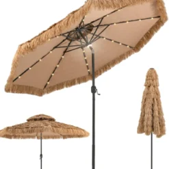 Hawaii Sonnenschirm 300 cm mit 32 LED Beleuchtung Reisstroh Strandschirm mit Neigungsfunktion