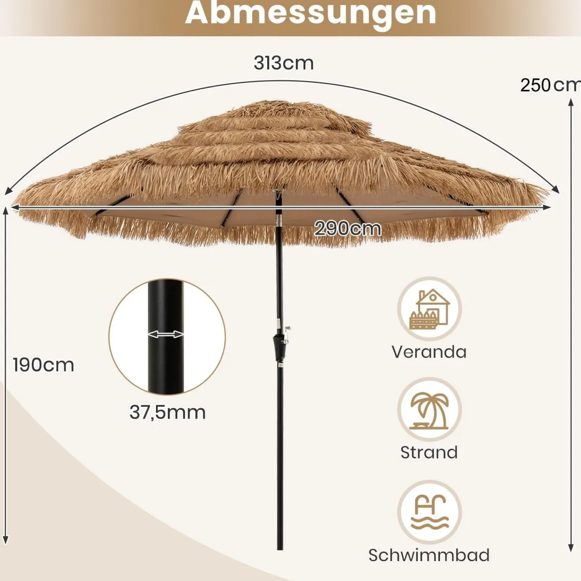 Hawaii Sonnenschirm 300 cm mit 32 LED Beleuchtung Reisstroh Strandschirm mit Neigungsfunktion