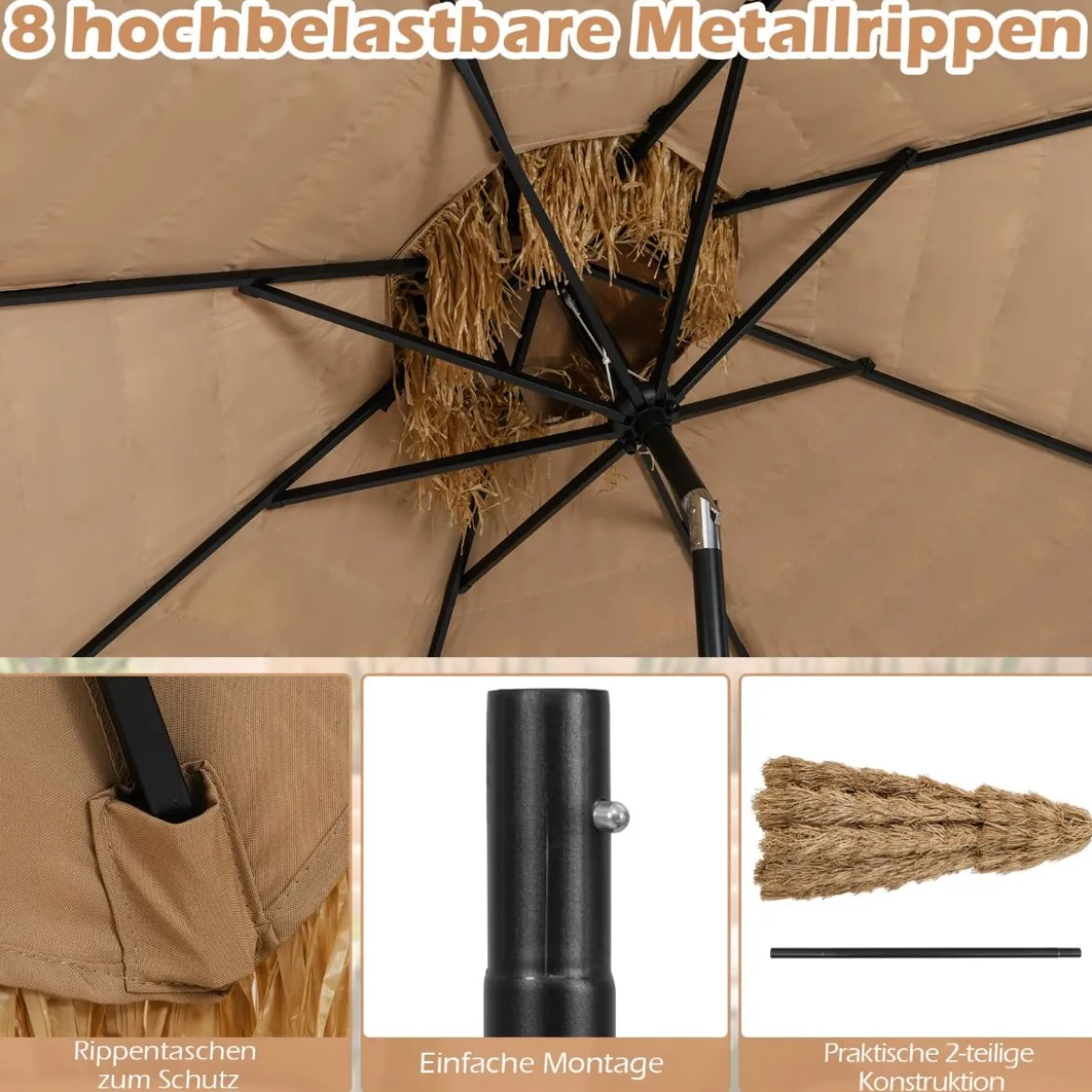 Hawaii Sonnenschirm mit Doppeldach Neigbarer Strohschirm Gartenschirm Stroh Strandschirm