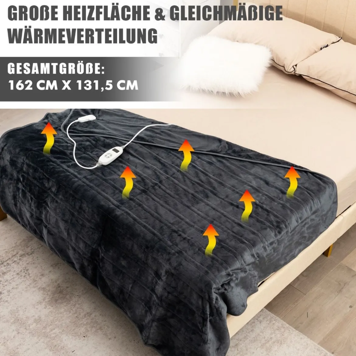 Heizdecke 9 Heizstufen 20-46℃ Elektrische Überwurfdecke Elektrische Wärmedecke Grau