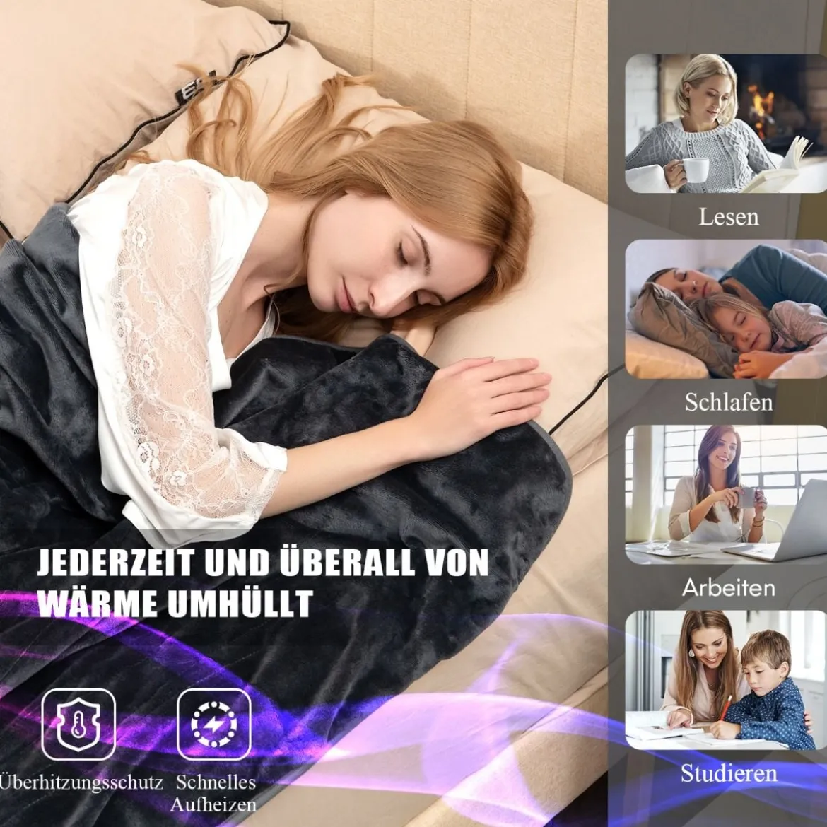 Heizdecke 9 Heizstufen 20-46℃ Elektrische Überwurfdecke Elektrische Wärmedecke Grau