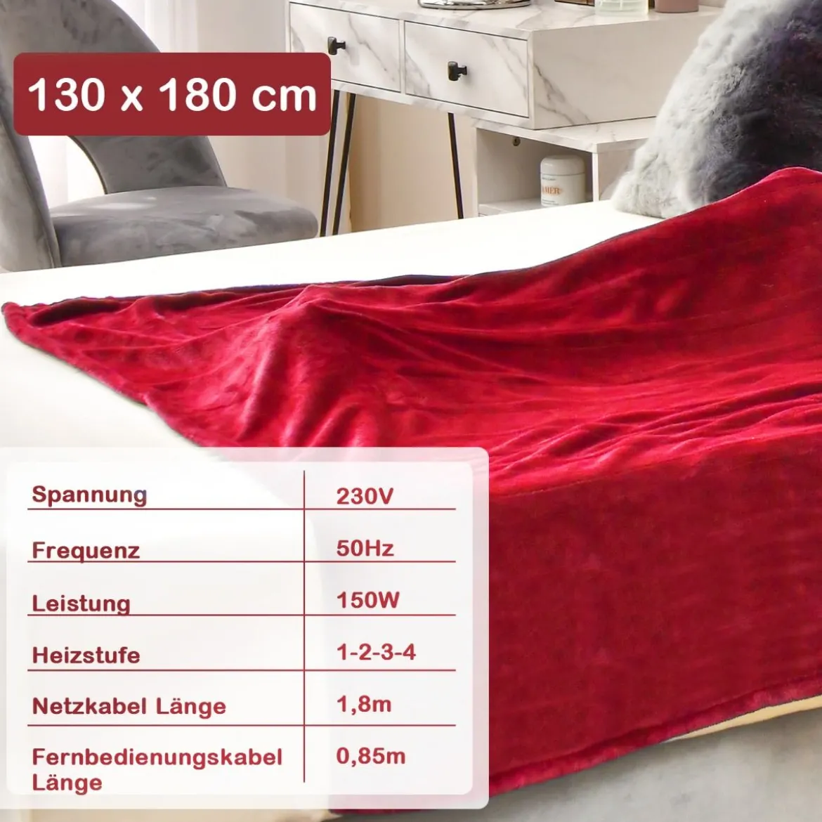 Heizdecke mit Abschaltautomatik & 4 Temperaturstufen & Timer & Überhitzungsschutz Rot