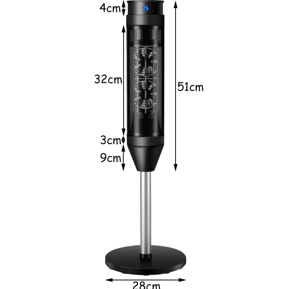 Heizlüfter Elektroheizung Heizgerät Oszillierende Keramikturm-Heizung 28 x 28 x 85 cm Schwarz