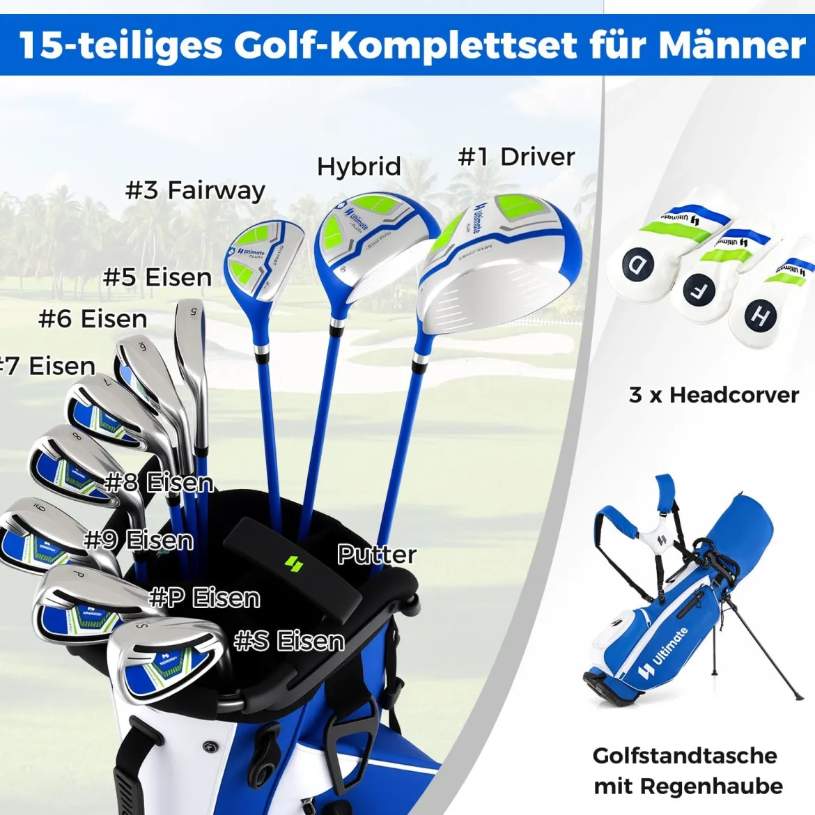Herren Komplett Golfschläger Set 15 Teilges Golf Set Rechtshänder mitGolftasche Golfschlägersätze Blau