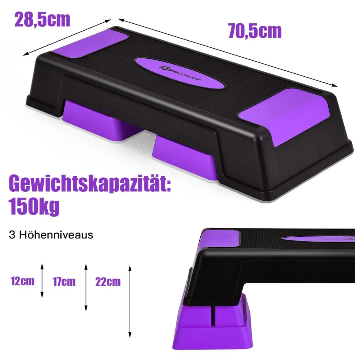 Höhenverstellbarer Aerobic Stepper mit 3 Stufen 12 / 17 / 22 cm Fitness Stepper Lila