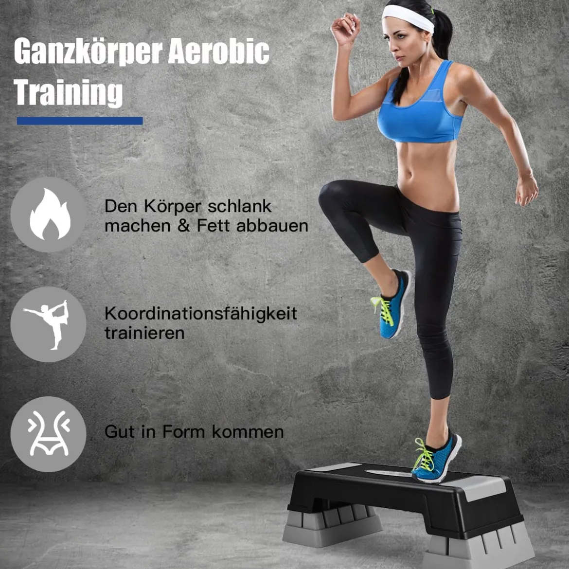 Höhenverstellbarer Aerobic Stepper mit 3 Stufen 12 / 17 / 22 cm Fitness Stepper Grau