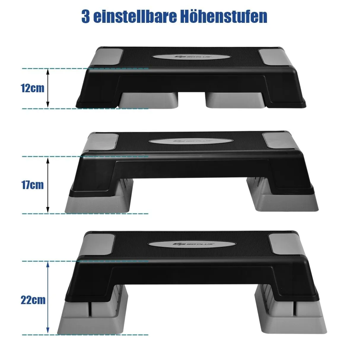 Höhenverstellbarer Aerobic Stepper mit 3 Stufen 12 / 17 / 22 cm Fitness Stepper Grau