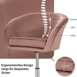 Höhenverstellbarer Akzentstuhl 360° Drehbarer Polsterstuhl bis 120kg Belastbar Samtstuhl Rosa
