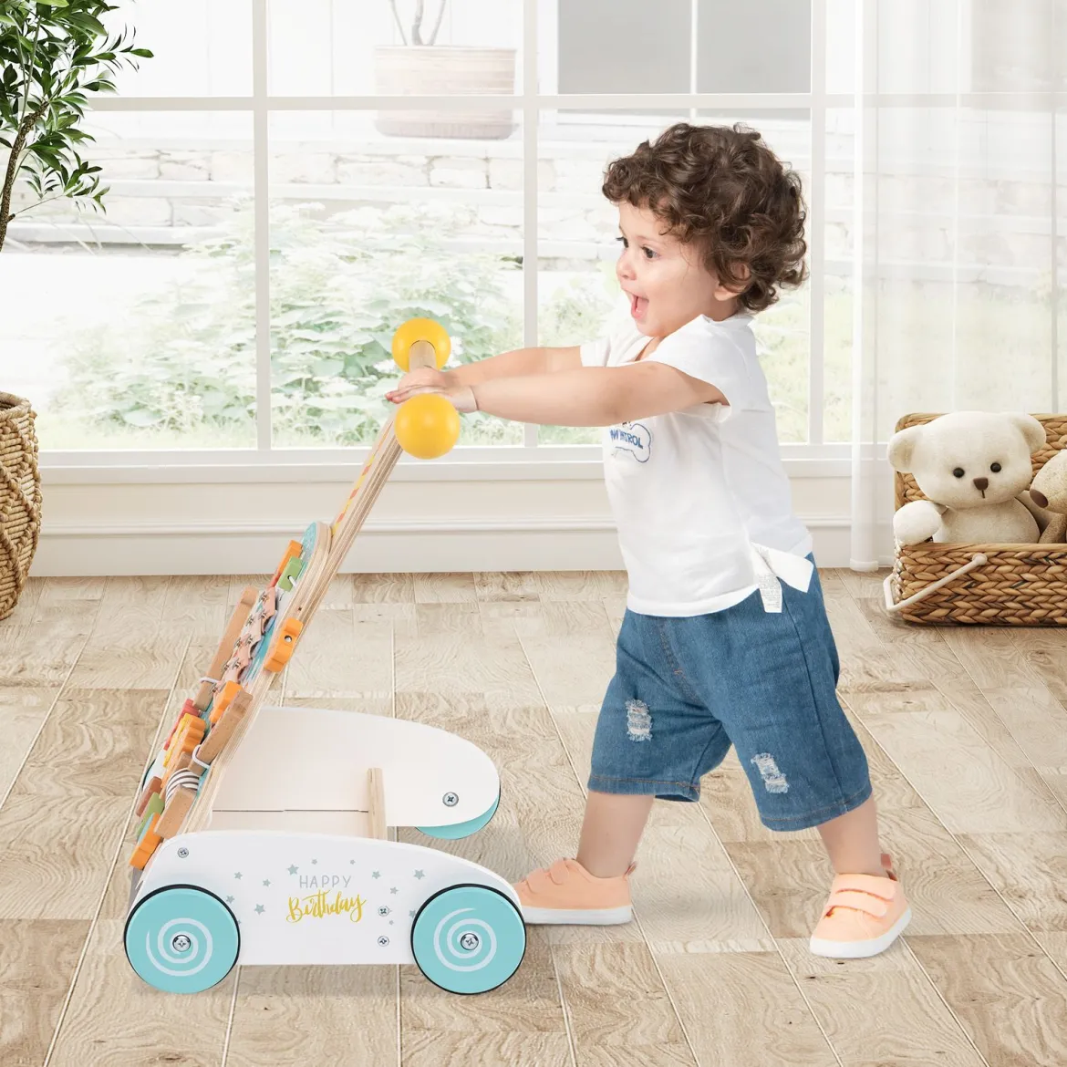 Höhenverstellbarer Baby Walker mit Aktivitätszentrum Holz Lauflernwagen Montessori Laufspielzeug
