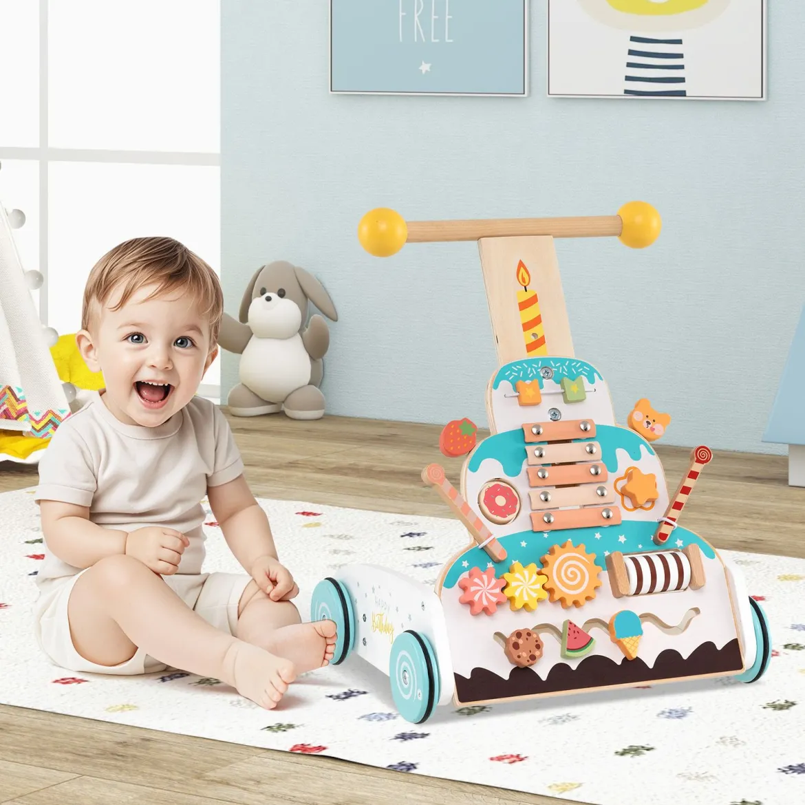 Höhenverstellbarer Baby Walker mit Aktivitätszentrum Holz Lauflernwagen Montessori Laufspielzeug
