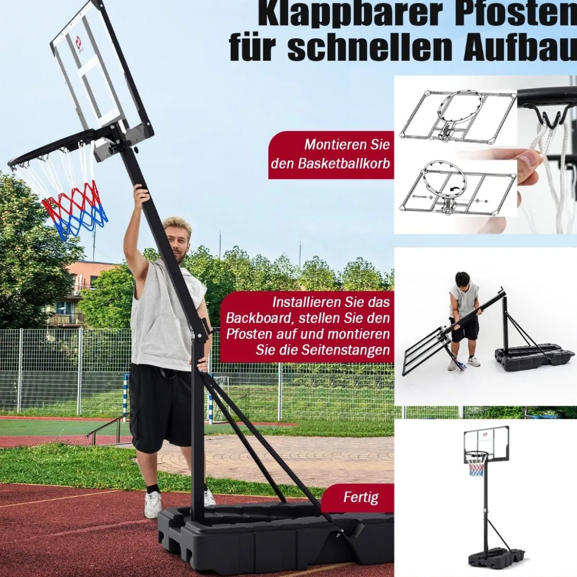 Höhenverstellbarer Basketballkorb mit Ständer & 2 Rädern Mobiles Korbsystem mit Ballaufbewahrung