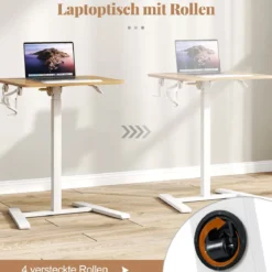 Höhenverstellbarer Beistelltisch mit Versteckten Rollen & 90° Neigbarer Tischplatte Pflegetisch