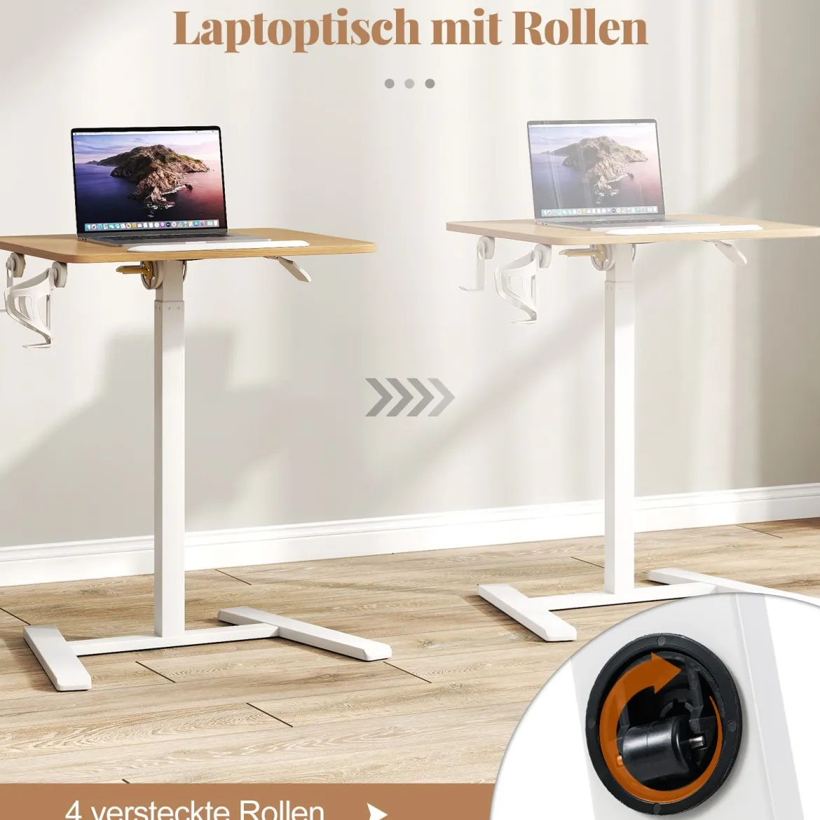 Höhenverstellbarer Beistelltisch mit Versteckten Rollen & 90° Neigbarer Tischplatte Pflegetisch