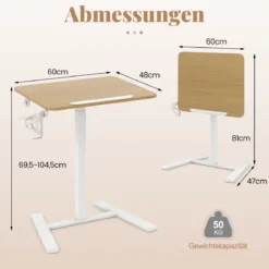 Höhenverstellbarer Beistelltisch mit Versteckten Rollen & 90° Neigbarer Tischplatte Pflegetisch