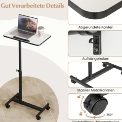 Höhenverstellbarer Betttisch auf Rollen mit Neigbarer & 360° Drehbarer Tischplatte Pflegetisch Grau