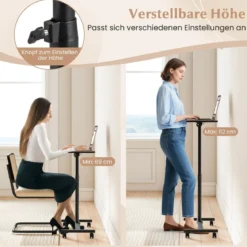 Höhenverstellbarer Betttisch auf Rollen mit Neigbarer & 360° Drehbarer Tischplatte Pflegetisch Natur