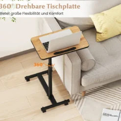 Höhenverstellbarer Betttisch auf Rollen mit Neigbarer & 360° Drehbarer Tischplatte Pflegetisch Natur