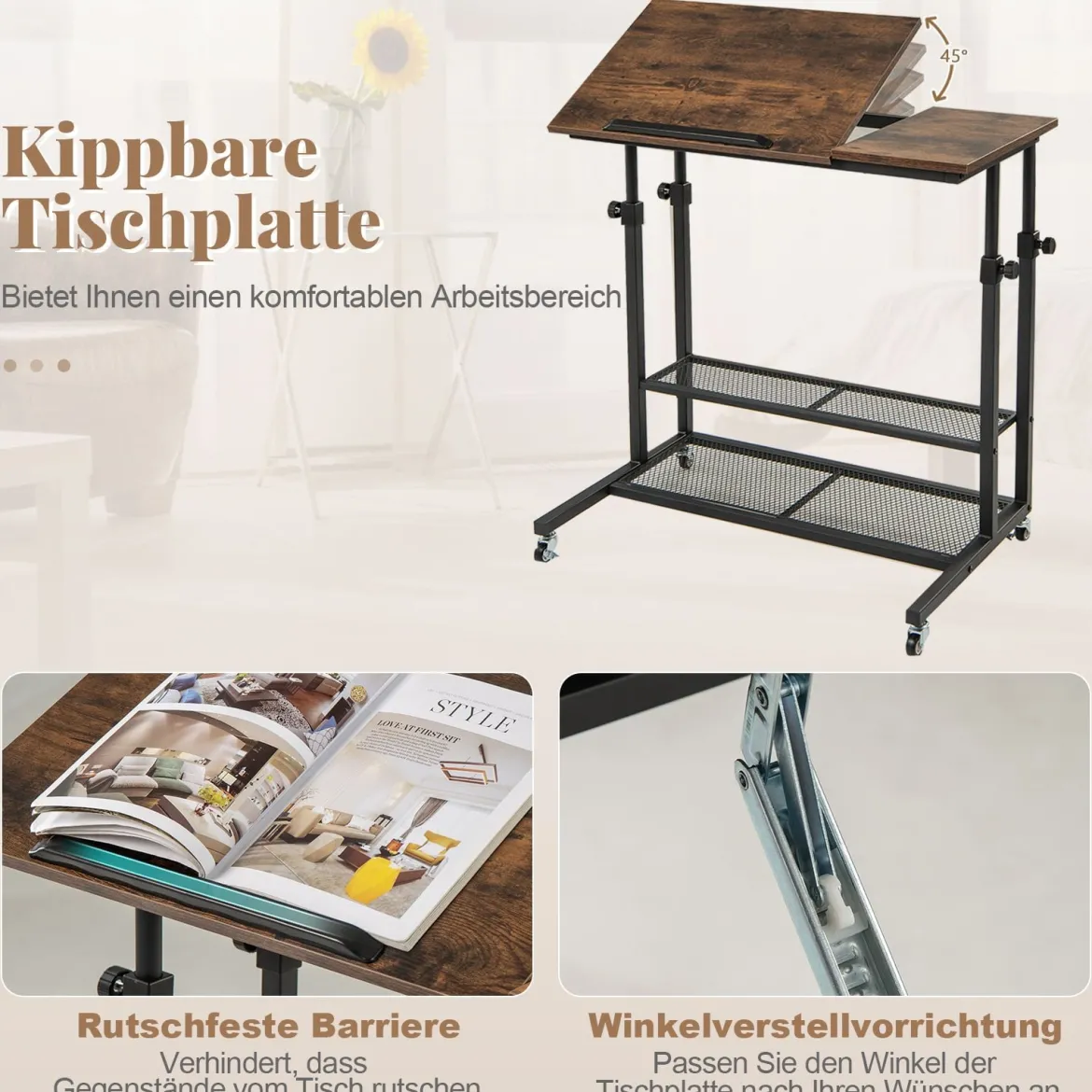 Höhenverstellbarer Betttisch auf Rollen Pflegetisch mit Neigbarer Tischplatte & Kantenschutz