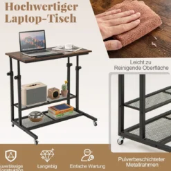 Höhenverstellbarer Betttisch auf Rollen Pflegetisch mit Neigbarer Tischplatte & Kantenschutz