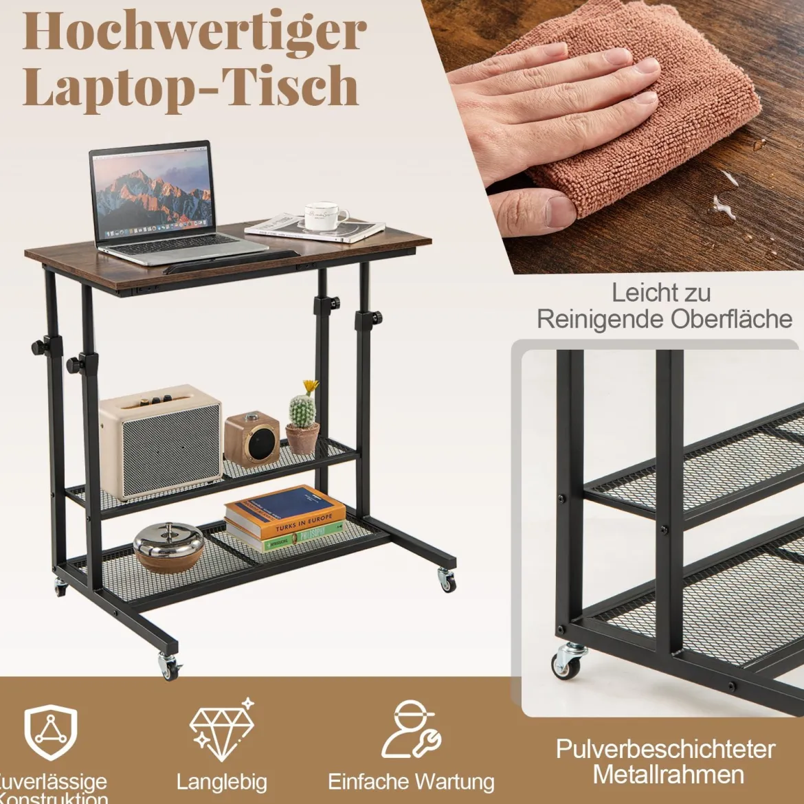 Höhenverstellbarer Betttisch auf Rollen Pflegetisch mit Neigbarer Tischplatte & Kantenschutz
