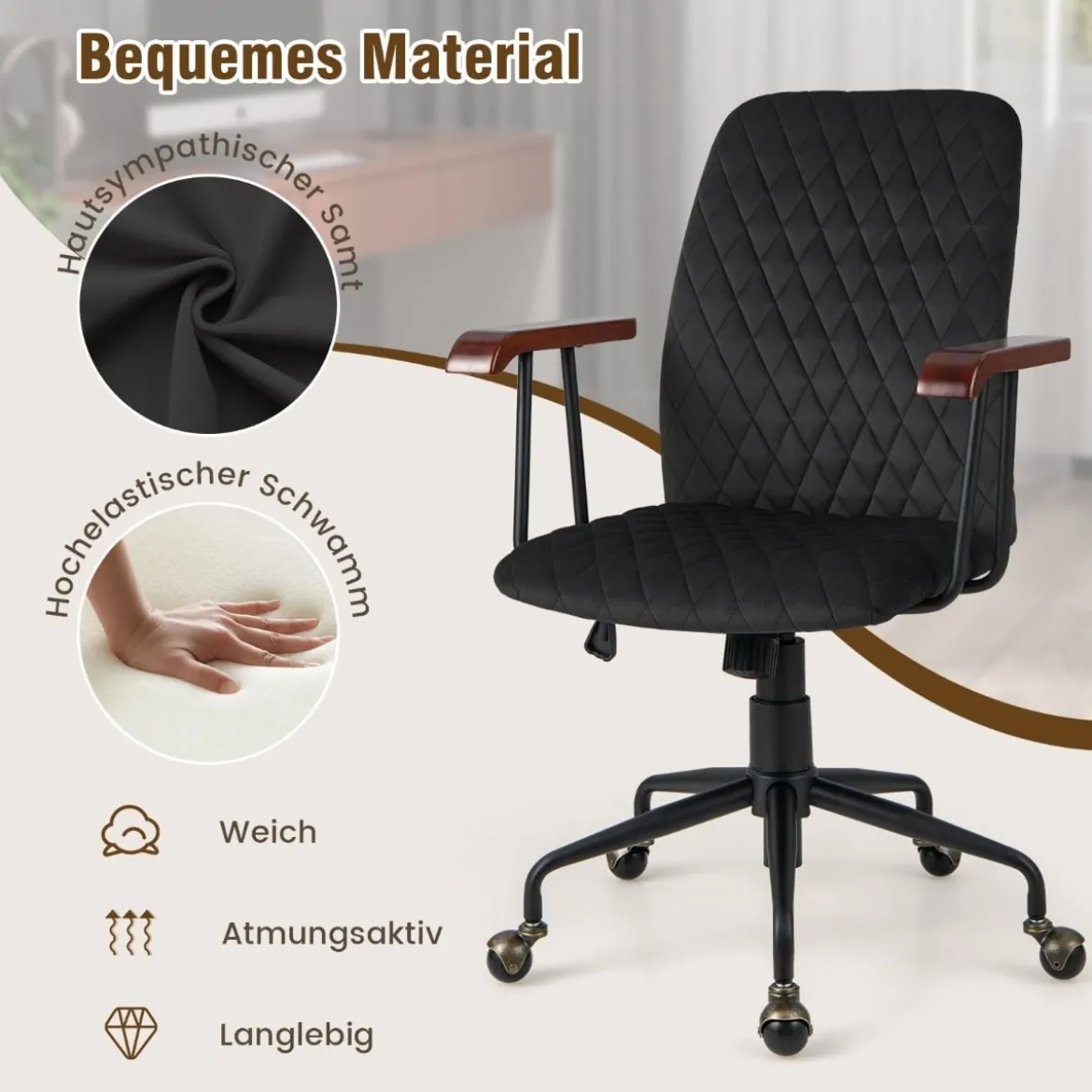 Höhenverstellbarer Bürostuhl aus Samt mit Rückenlehne bis 150 kg Belastbar Schwarz
