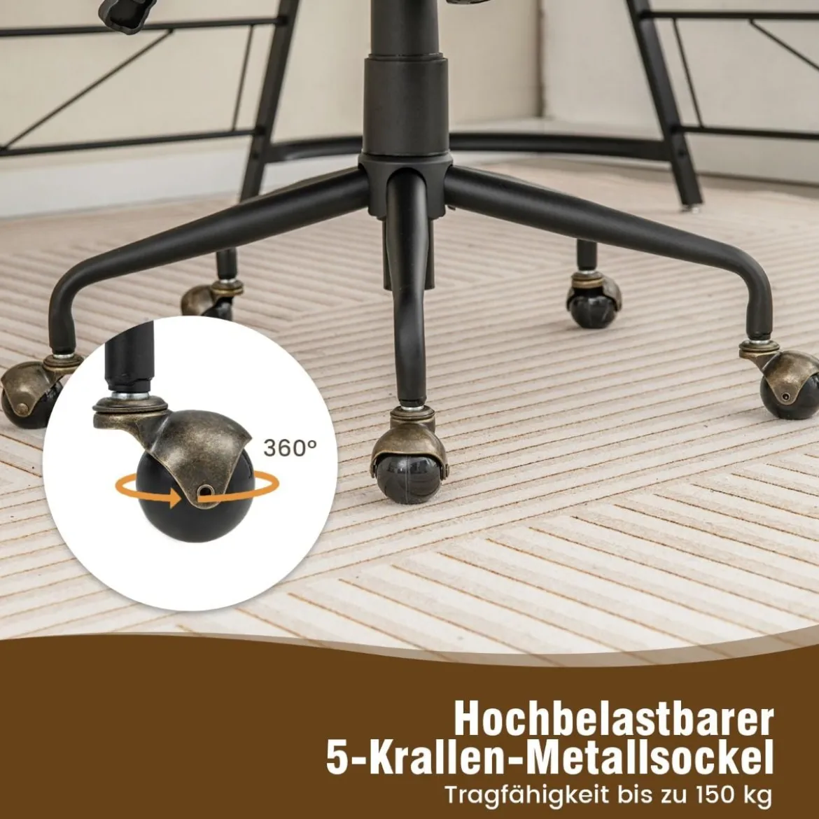 Höhenverstellbarer Bürostuhl aus Samt mit Rückenlehne bis 150 kg Belastbar Schwarz