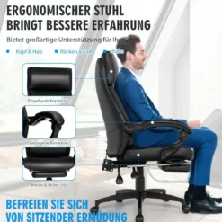 Höhenverstellbarer Chefstuhl Drehstuhl mit Kopfstütze & Einziehbarer Fußstütze Schwarz 360° drehbar 105-145° verstellbar