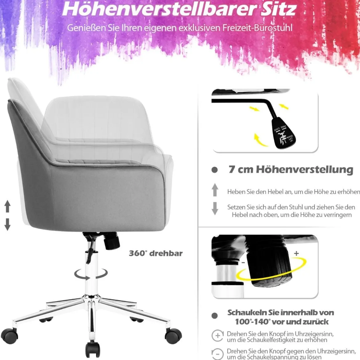 Höhenverstellbarer Computerstuhl Freizeit-Bürostuhl mit Armlehnen Grau