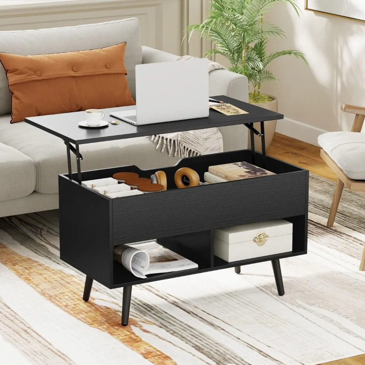 Höhenverstellbarer Couchtisch mit anhebbarer Tischplatte & 2 offenen Regalen Sofatisch Schwarz