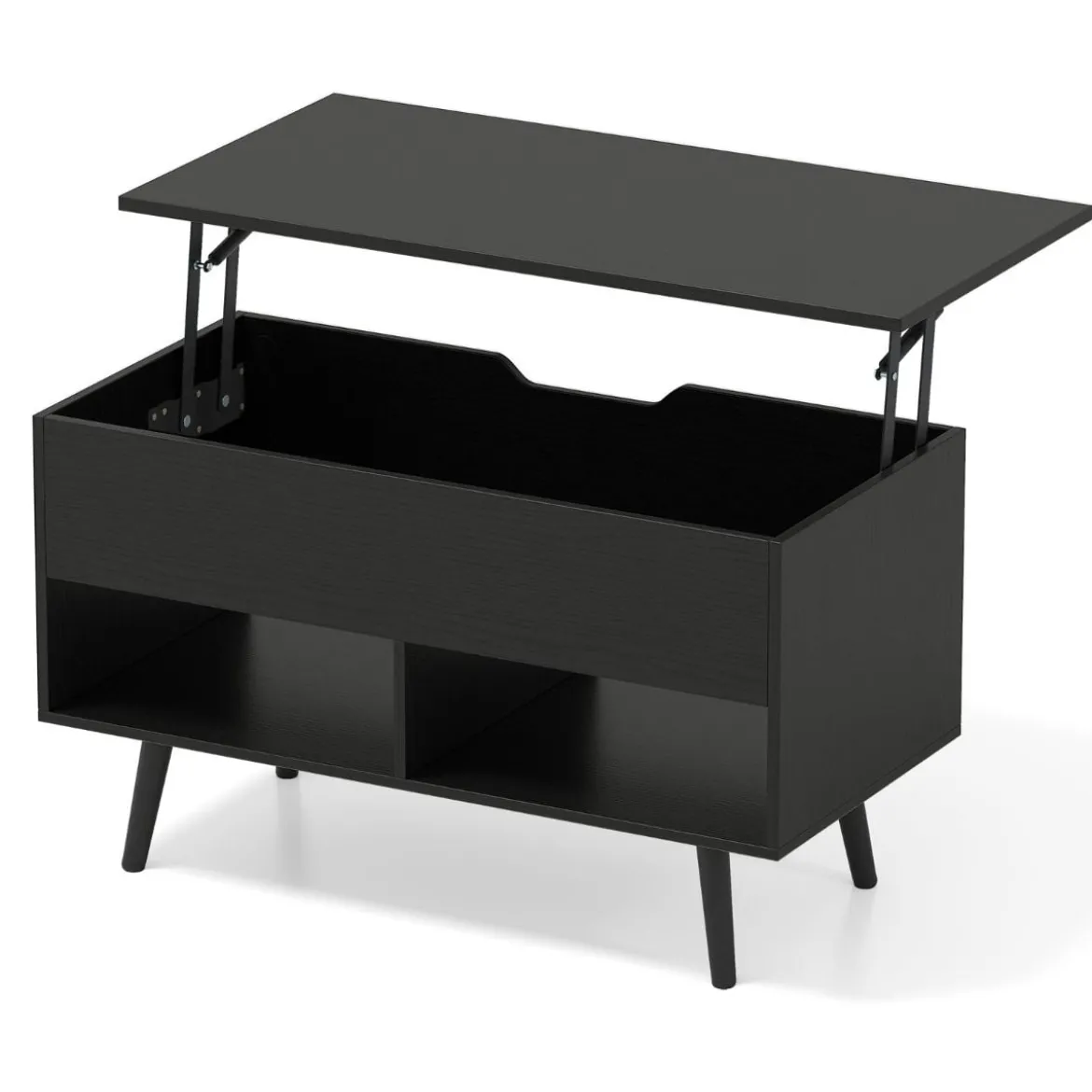 Höhenverstellbarer Couchtisch mit anhebbarer Tischplatte & 2 offenen Regalen Sofatisch Schwarz
