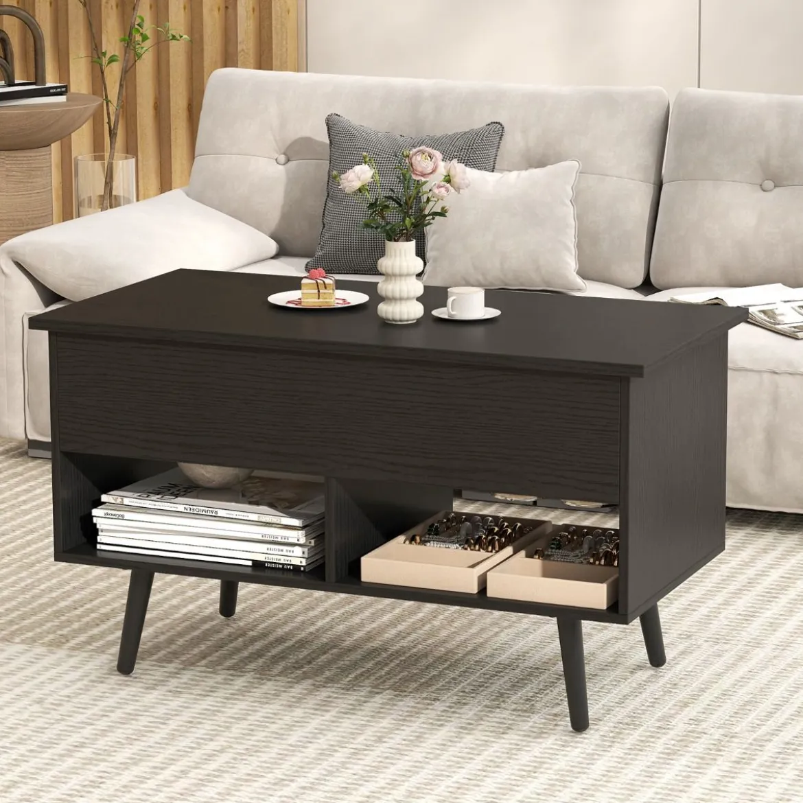 Höhenverstellbarer Couchtisch mit anhebbarer Tischplatte & 2 offenen Regalen Sofatisch Schwarz