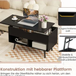 Höhenverstellbarer Couchtisch mit anhebbarer Tischplatte & 2 offenen Regalen Sofatisch Schwarz