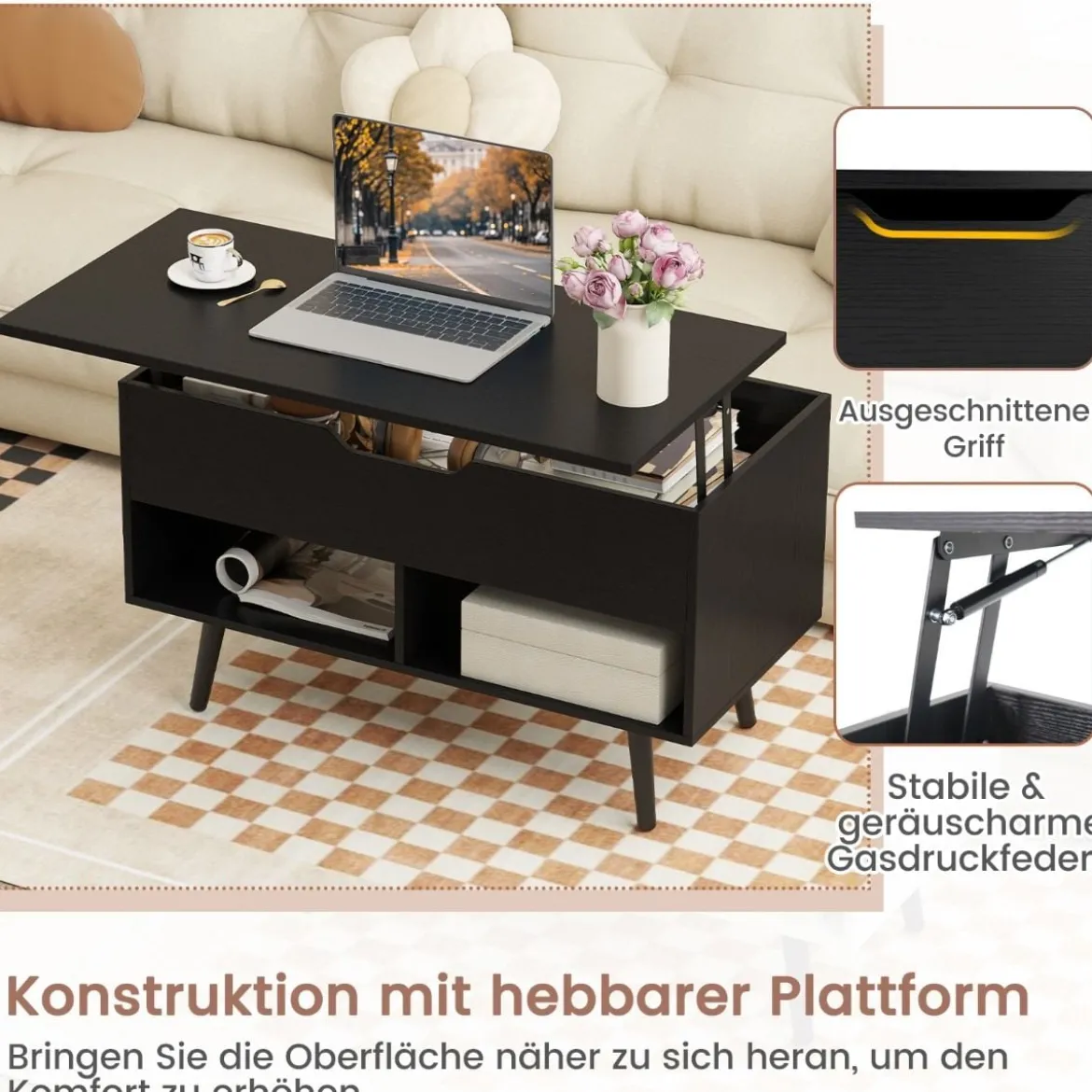 Höhenverstellbarer Couchtisch mit anhebbarer Tischplatte & 2 offenen Regalen Sofatisch Schwarz