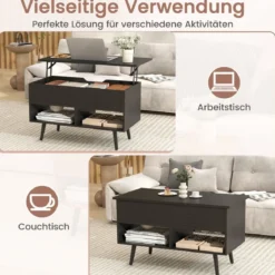 Höhenverstellbarer Couchtisch mit anhebbarer Tischplatte & 2 offenen Regalen Sofatisch Schwarz